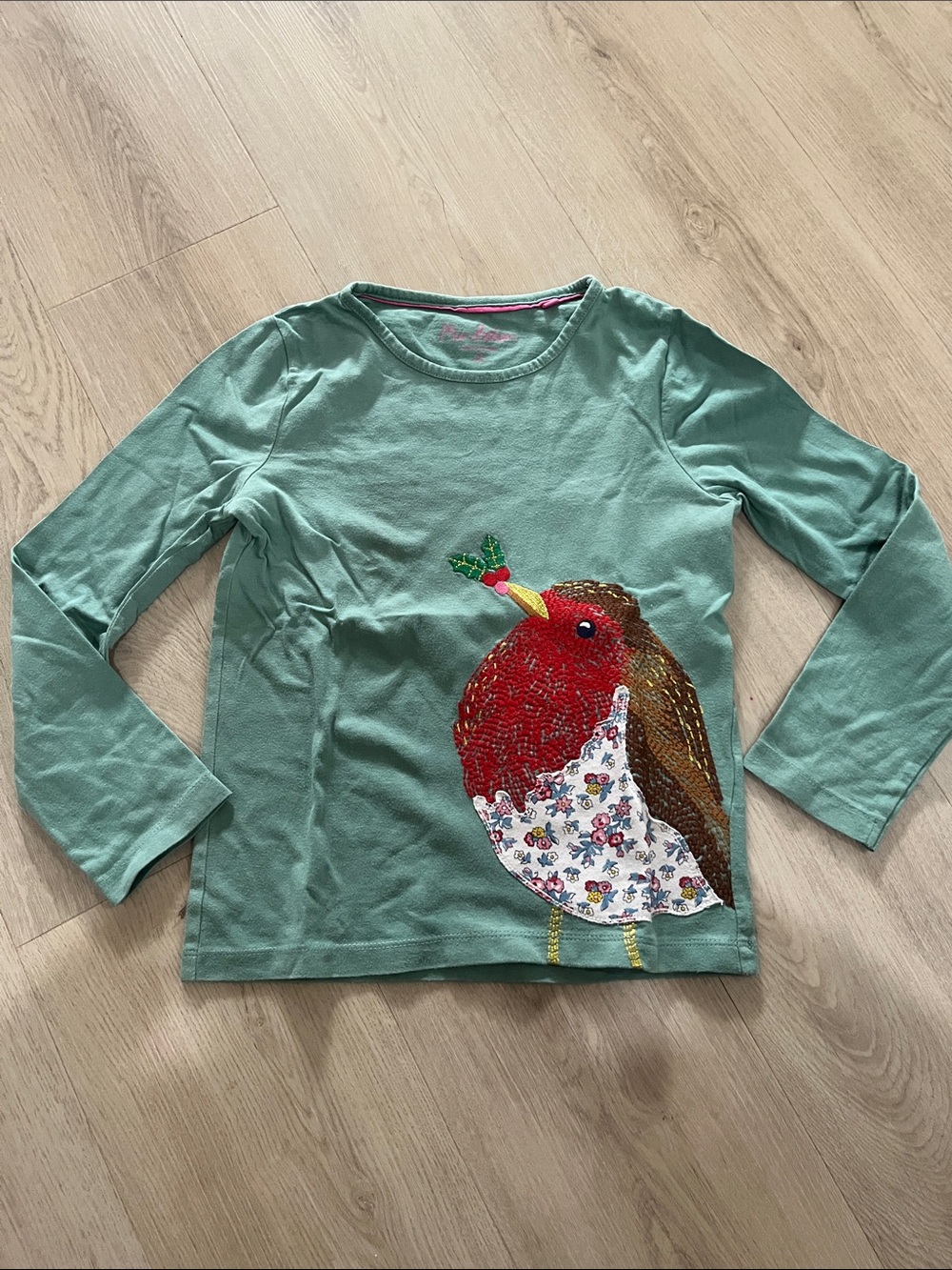 Mini Boden Teal Green Long-Sleeve Tee with Red & Brown Bird Applique